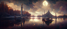 Excalibur In The Middle Of A Lake Under A Giant Full Moon Digital Art Illustration Painting Hyper Realistic Concept Art 