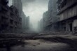 Leinwandbild Motiv A post-apocalyptic ruined city. Destroyed buildings, burnt-out vehicles and ruined roads. 3D rendering