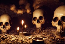 Creepy Ancient Cave With Burning Candles And Skulls. An Old Abandoned Grotto With Bones. 3D Rendering.