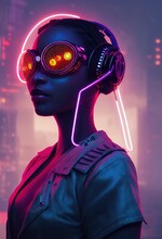 A Realistic Portrait Of A Ebony Girl Wearing A Cyberpunk Headset And Cyberpunk Gear. High-tech Futuristic Man From The Future. The Concept Of Virtual Reality And Cyberpunk. 3D Render