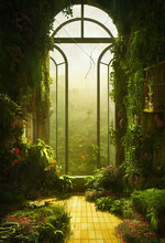 Entrance To A Garden, Overgrown Entrance, Beautiful Garden,  Fantasy Background, Phone Wallpaper, Concept Art, Digital Illustration, Generative AI