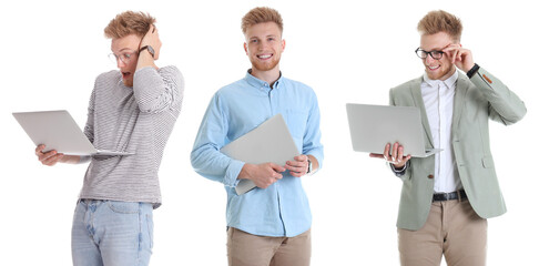 Poster - Collage with photos of man holding modern laptops on white background. Banner design