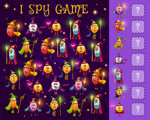 Poster - I spy game, micronutrients wizard and mage characters, vector find two same minerals quiz. Kids cartoon puzzle or riddle game to find and match micronutrient calcium, magnesium and potassium sorcerer