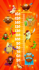 Wall Mural - Nuts superhero characters kids height chart growth meter. Vector ruler, stadiometer wall sticker and cartoon coconut, coffee bean, almond and walnut, peanut and cashew, pistachio, brazil nut, hazelnut