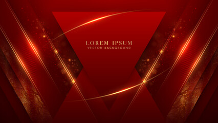 Wall Mural - Red triangle with golden line, sparkle glowing effect, shine dots, and bokeh elements on red background