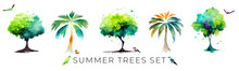 イラスト素材:カラフルな夏の木の水彩イラストセット