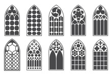 Church Medieval Windows Set. Old Gothic Style Architecture Elements. Vector Glyph Illustration On White Background.