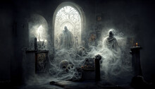 Abstract Background Of Scary Ghosts In Haunted Church. Digital Art
