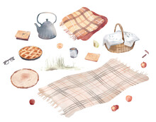 Watercolor Hand Drawn Set With Illustration Of Autumn Picnic Elements - Harvest, Apples, Wicker Basket, Apple Pie, Teapot. Fall Collection Isolated On White Background. Cozy Composition On The Plaid.