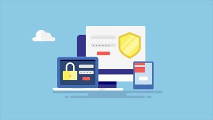 Wall Mural - animation concept of cyber security, data protection, website security and secure digital device acc