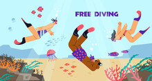 People In Flippers And Masks With Snorkel Explore Underwater World Flat Style