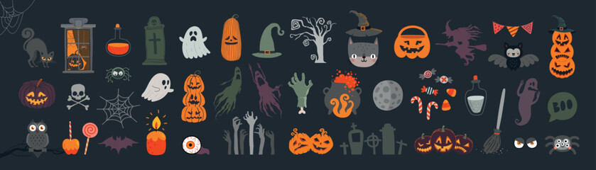Wall Mural - Halloween graphic elements - pumpkins, ghosts, zombie, owl, cat, candy and others. Hand drawn set.