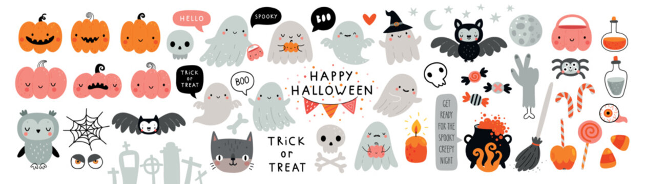 Fototapete - Halloween graphic elements - pumpkins, ghosts, owl, cat, candy and others. Hand drawn set.
