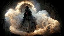Digital Art Of A Woman In Dark Dress Emerging From Smoke. Horror And Halloween Concept.