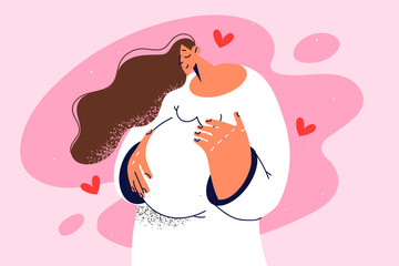 Happy pregnant woman touch belly