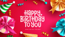 Happy Birthday Text Vector Background Design. Birthday Typography In Empty Space With Gift Box, Hat And Confetti For Party Elements  Decoration. Vector Illustration.