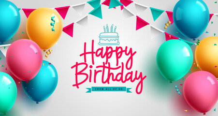 Happy birthday text vector design. Birthday balloons, pennant and confetti party decoration for kids celebration event background. Vector Illustration. 