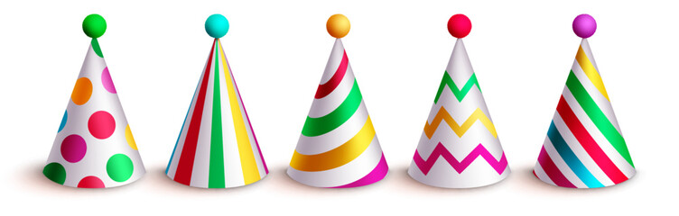 Birthday hat vector set design. Birthday hats colorful collection with dots and stripe pattern for kids party elements. Vector Illustration. 