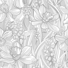 Wall Mural - Seamless pattern with Muscari and Daffodil. Spring flowers, isolated on light background. Hand-drawn illustrations.