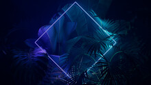 Tropical Plants Illuminated With Green And Purple Fluorescent Light. Jungle Environment With Diamond Shaped Neon Frame.