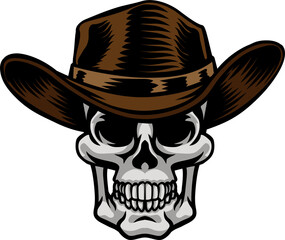 Poster - A cowboy human skull and wearing a western style hat. Grim reaper western wild west cartoon.