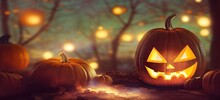 Halloween Spooky Background, Jack O Lantern Pumpkin Scene. Scary Creepy Forest In October Dark Night Autumn Gloomy Landscape With Trees And Bokeh Blurry Lights. Happy Halloween Backdrop Concept.