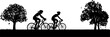 A scene of silhouette cyclist people in the park or other outdoor setting exercising and enjoying nature doors by cycling their bikes or bicycles.