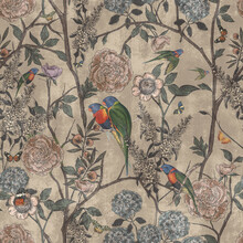 Wallpaper Pattern Vintage Flowers Roz Leaves And Parrot Butterflies Colors With Beige Background.
