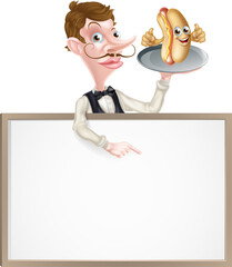 Canvas Print - An Illustration of a Cartoon Hotdog Waiter Butler Signboard