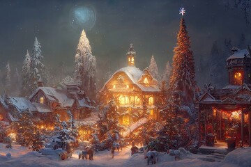 Fabulous winter Christmas background. Christmas decorations, lights, illuminated stone arch, houses, winter garden, snow, decorated Christmas tree. Festive winter New Year's landscape