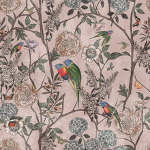 Wallpaper Pattern Vintage Flowers Rose Leaves And Parrot Butterflies Colors With Pink Background .