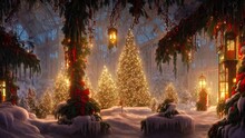 Christmas Tree In The Center Of The Fantasy Square Of The Night City, New Year Decorations, Holiday Lights, Garlands. New Year's Decor Of Streets, City. 3D Illustration