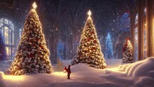 Christmas Tree In The Center Of The Fantasy Square Of The Night City, New Year Decorations, Holiday Lights, Garlands. New Year's Decor Of Streets, City. 3D Illustration
