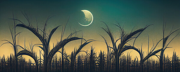 Wall Mural - Agriculture cropland with moon at night as wallpaper background