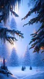 Fototapeta  - New Year's winter garden with decorated Christmas trees, lights, garlands. Festive New Year decorations, festive city. Christmas lanterns, decorated street, winter, snow, postcard. 3D illustration