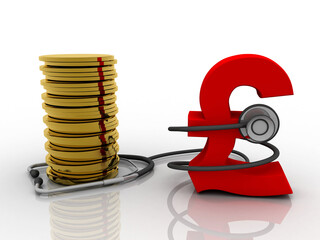 Poster - 3d illustration Pound Currency Symbol with gold coin connected Stethoscope