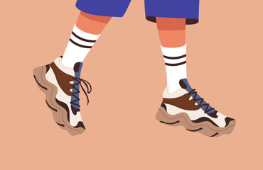Wall Mural - Legs in sneakers and socks walking. Girls feet in sport shoes, modern fashion leather footwear. Women foot wearing comfortable stylish sporty footgear. Colored flat vector illustration