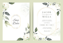 Wedding Invitation Card Template Set With White Rose Bouquet Watercolor Painting.
