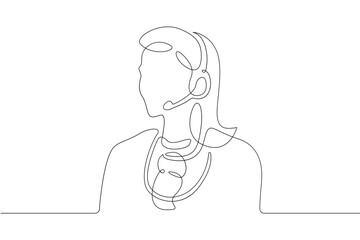 Wall Mural - One continuous line.Call centre.Woman call center operator. Handling calls and messages. Operator with phone and computer. Manager in headphones with microphoneOne continuous line is drawn on a white 