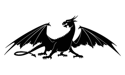 Wall Mural - Dragon Silhouette Heraldic Coat of Arms. Print or Tattoo Design. Vintage Black and White Vector Illustration