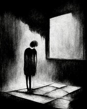 Black And White Illustration Of A Sad And Depressive Person In An Empty Space.