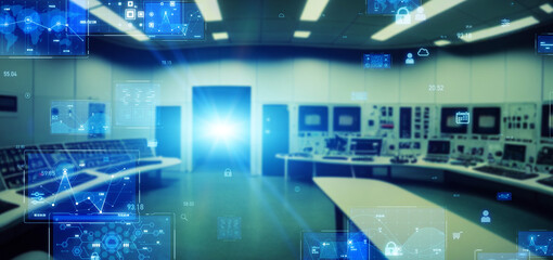 Poster - control room and technology. Wide image for banners, advertisements.