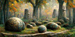 An ancient place of power. Megalithic boulders in the autumn forest. Realistic digital illustration. Fantastic Background. Concept Art. CG Artwork.