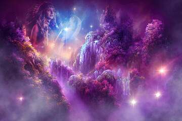 Beautiful mystical landscape and shaman woman with a crystal waterfall and a beautiful purple forest in the cosmic space.