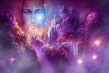 Beautiful Mystical Landscape And Jesus Face With A Crystal Waterfall And A Beautiful Purple Forest In The Cosmic Space.