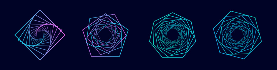 Wall Mural - Set of twisted spirals. Sacred geometry. Tunnel with lines in the form of a circle and hexagons. Vector geometric fractal element.
