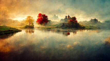 Illustration old old castle by the lake surrounded by autumn trees under cloudy sky