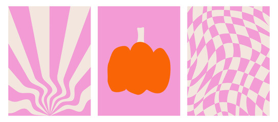 Wall Mural - a set of colorful posters for halloween. prints and backgrounds in style y2k . checkered pink patter