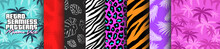 Miami Vice Retro Seamless Patterns. Graphic Collection For Hawaiian Shirts, Apparel, Textiles, Backgrounds And Print Projects. Palm Leaves, Monstera, Tiger, Zebra Texture. Summer Vibes.