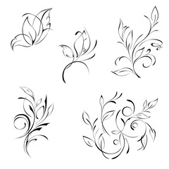 stylized decorative twig with leaves and curls. graphic decor. SET